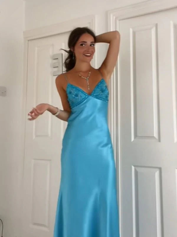 Classy Spaghetti Strap Sleeveless Mermaid Satin Long Prom Dresses,SSR1105