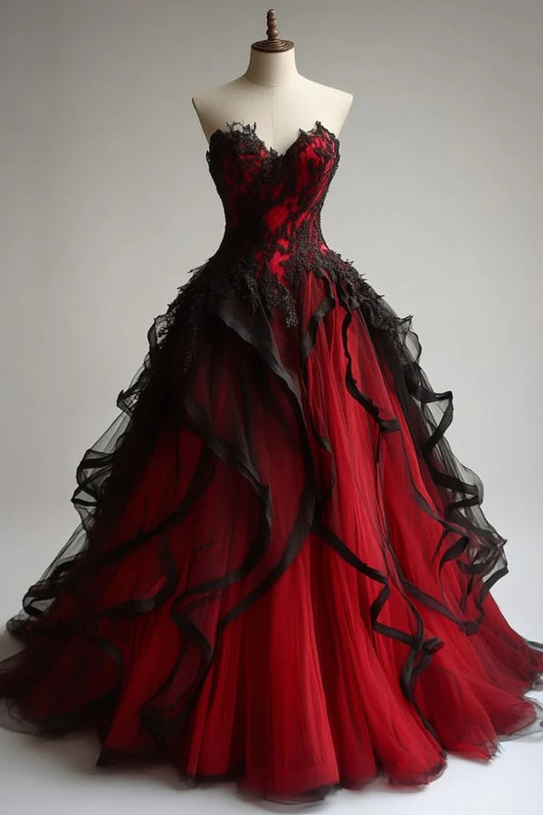 Retro Ball Gown Sweetheart Tulle Red Party Dress Black Prom Dress Evening Dress，SSR1185