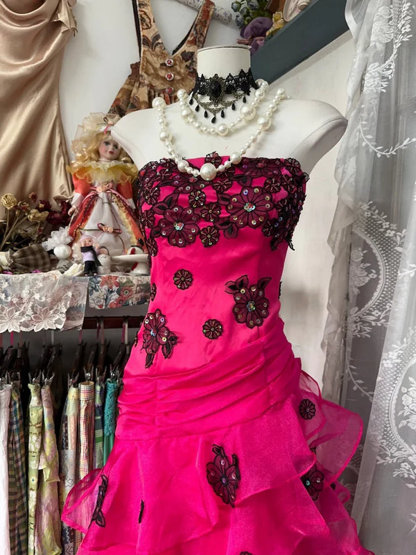 Vintage Fashion Mermaid Strapless Hot Pink Floor Length Evening Dress Prom Dresses，SSR1180