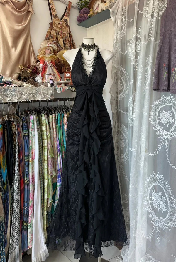 Vintage Mermaid Halter Sleeveless Long Black Lace Evening Dress Prom Dresses,SSR1119