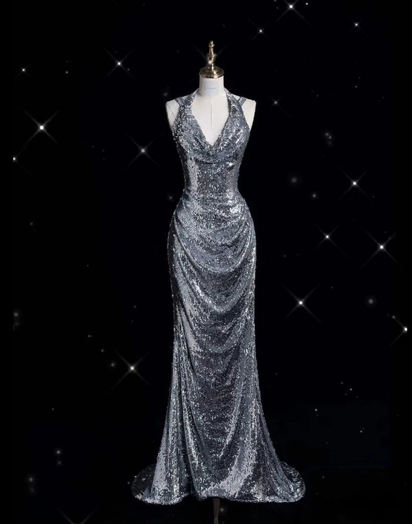 Classy Mermaid Halter Silver Sequin Long Evening Dress Sexy Prom Dresses，SSR1215
