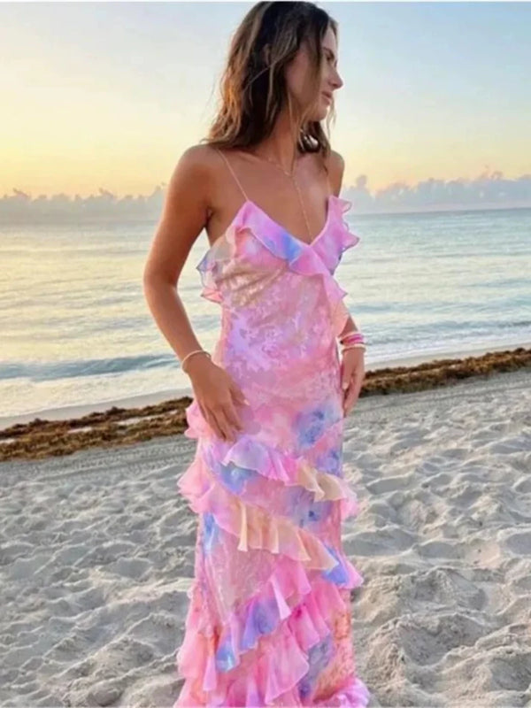 Gorgeous Mermaid Spaghetti Straps Floor Length Floral Yellow Chiffon Evening Dress Prom Dresses,SSR1161