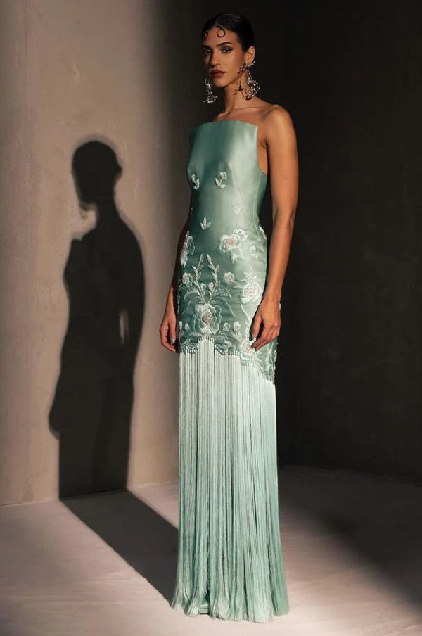 Fancy Mermaid Strapless Neckline Green Satin Long Prom Dress Evening Dress Formal Dress,SSR1155