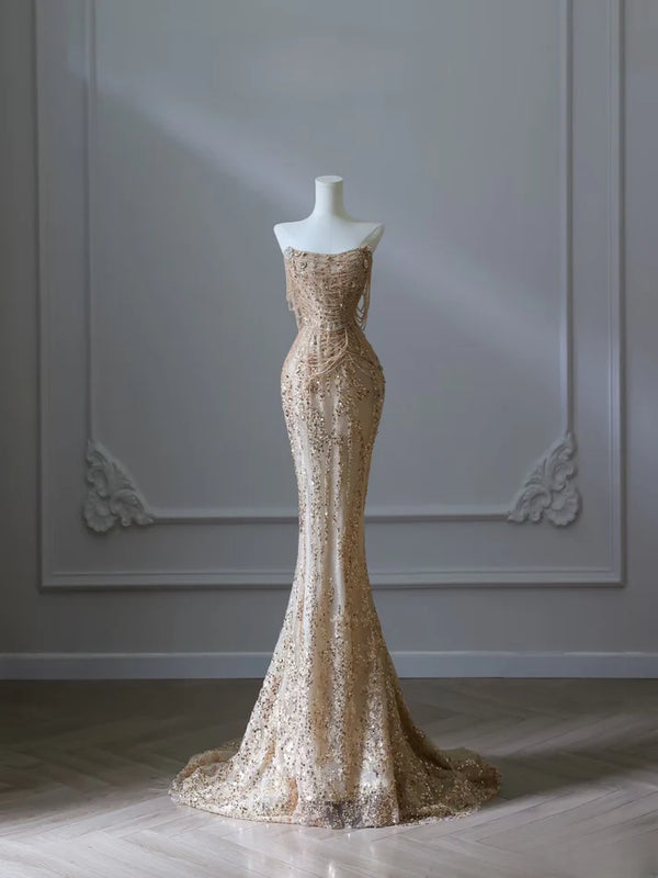 Pretty Mermaid Strapless Gold Sequin Beads Long Prom Dresses Formal Evening Dress,SSR1123
