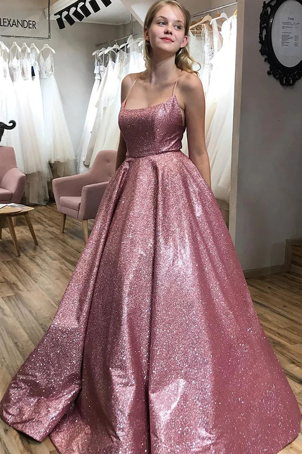 SSR1186,Sparkle Floor Length A-line Scoop Spaghetti Straps Long Prom Dress with Pockets