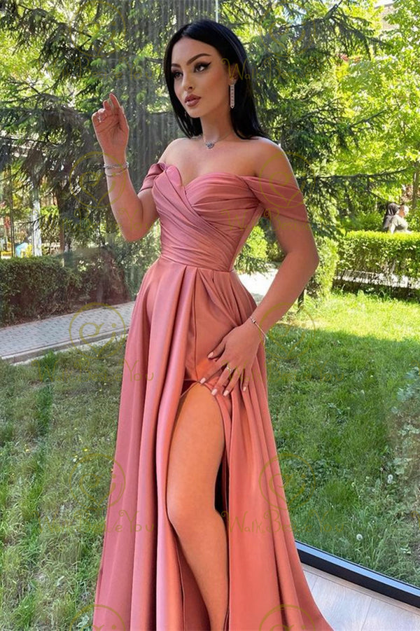 SSR1167,Off The Shoulder Pink Pleated Satin Long Prom Dress,High Split Sexy Prom Dresses