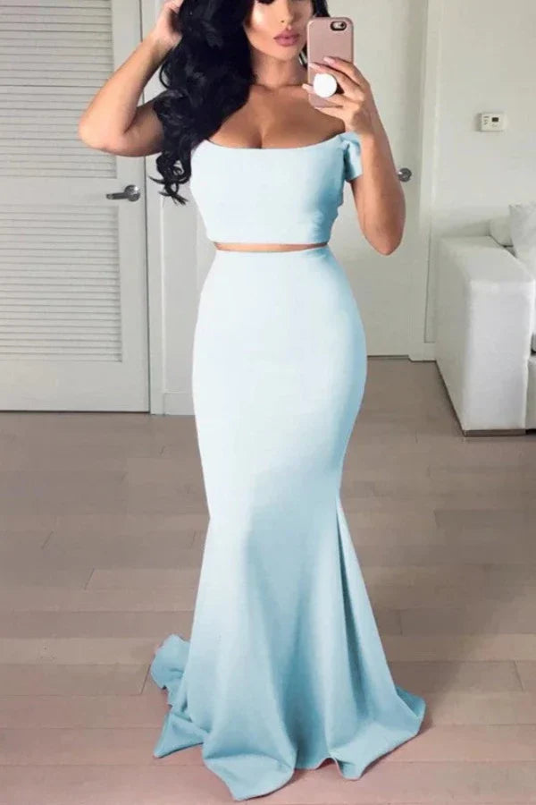 SSR1339,Two Pieces Mermaid Satin Long Prom Dresses Light Blue Evening Formal Gown