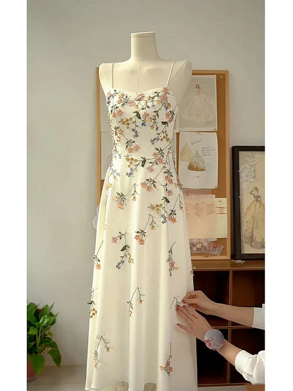 Sexy A line Spaghetti Straps Ivory Floral Satin Prom Dresses Birthday Outfits Evening Gown, SSR3576