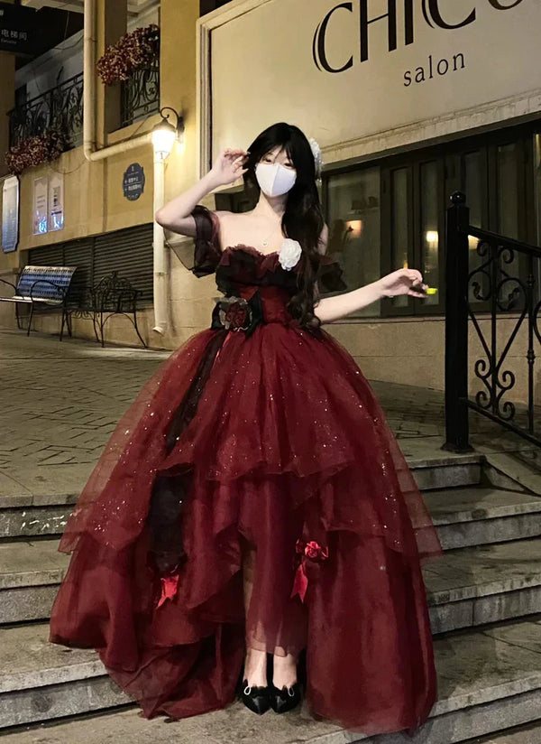 Sexy Ball Gown Strapless Burgundy Tulle Birthday Dresses Night Party Dress, SSR3594