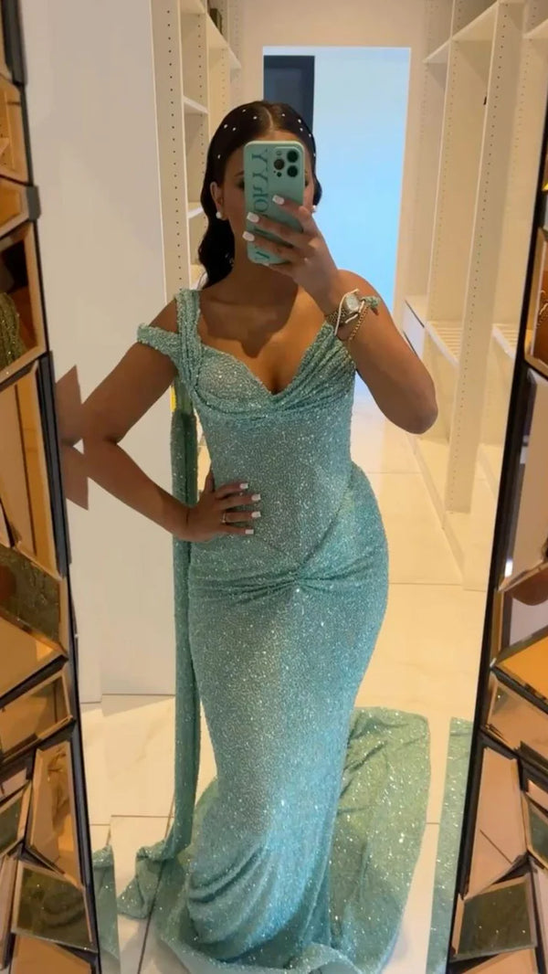 Sexy Mermaid Off The Shoulder Blue Sequin Prom Dresses Party Dress Formal Outfits Graduation Dress