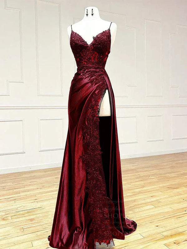 Sexy Mermaid Spaghetti Strap Sleeveless Long Split Prom Dress with Embroidered , SSR3632