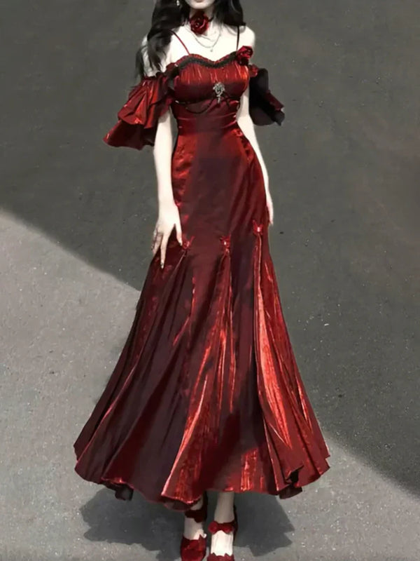 Sexy Mermaid Spaghetti Straps Burgundy Long Prom Dresses Christmas Night Dress Birthday Outfits , SSR3590
