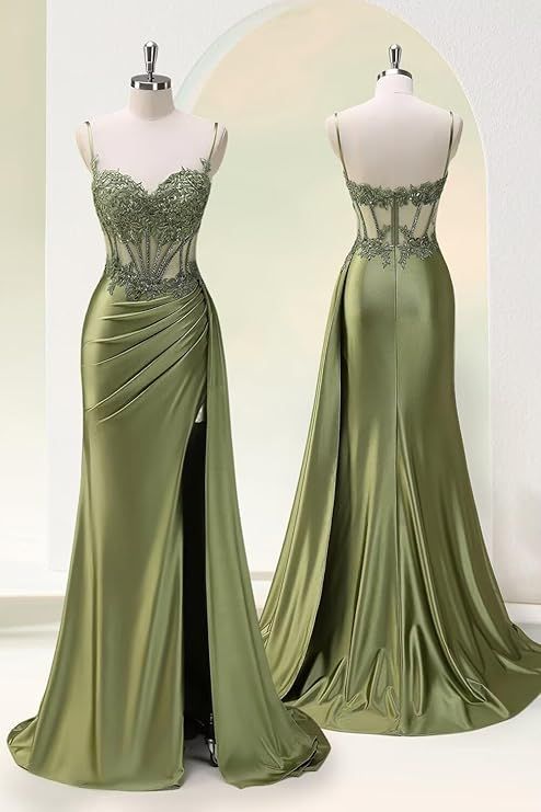 Sexy Mermaid Spaghetti Straps Olive Green Slit Side Long Prom Dresses Inspiration Formal Gown