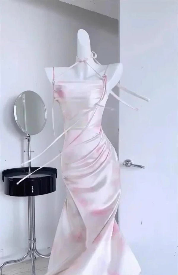 Sexy Mermaid Spaghetti Straps Pink Satin Prom Dresses Night Dress Birthday Outfits , SSR3585