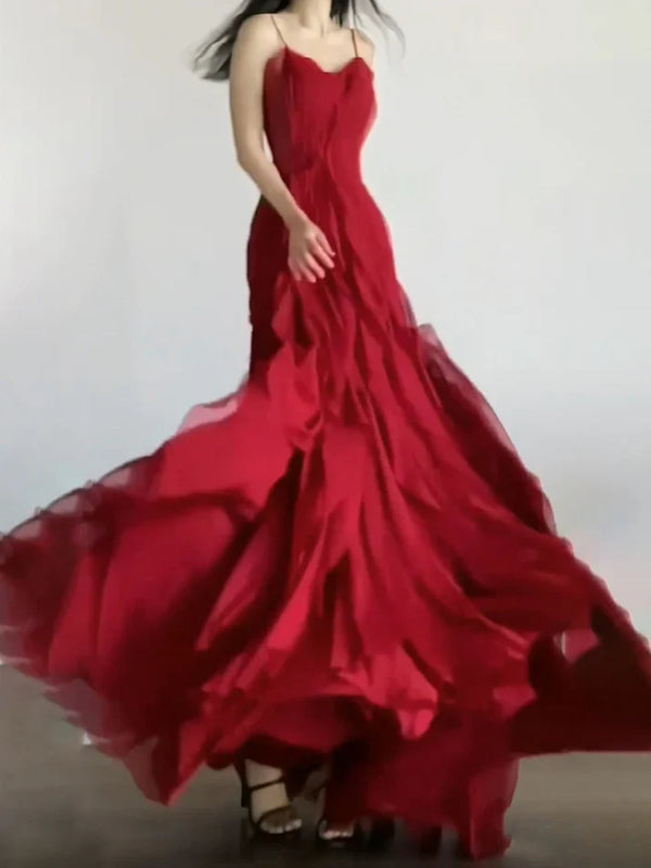 Sexy Mermaid Spaghetti Straps Red Chiffon Ruffles Birthday Dresses Long Prom Dress, SSR3593