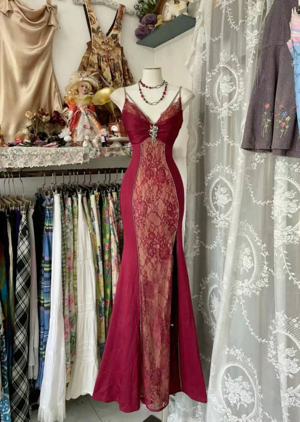 Sexy Mermaid Spaghetti Straps Red Lace Prom Dresses Long Party Dress, SSR3629