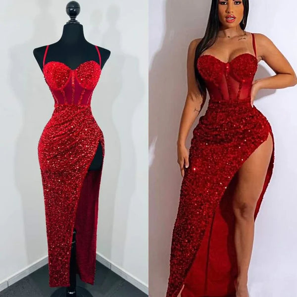 Sexy Mermaid Spaghetti Straps Red Sequin Slit Side Long Prom Dresses Inspiration Formal Gown