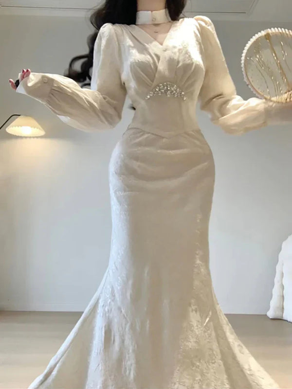 Sexy Mermaid V Neckline Long Sleeves White Prom Dresses Night Dress Birthday Outfits , SSR3586