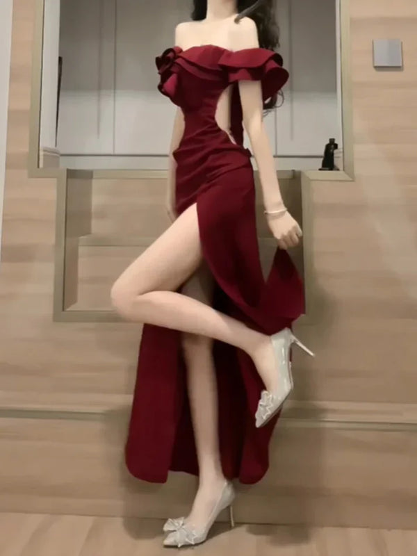 Sexy Sheath Off The Shoulder Burgundy Slit Holiday Prom Dresses Night Dress Birthday Outfits , SSR3584