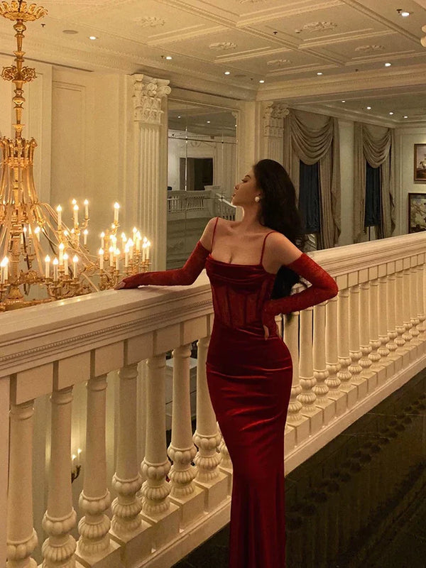 Sexy Sheath Spaghetti Straps Lace Red Velvet Long Prom Dresses Birthday Outfits With Gloves , SSR3580
