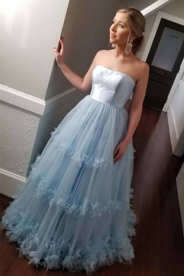 SSR1385,A Line Tulle Prom Dresses Strapless Evening Dress