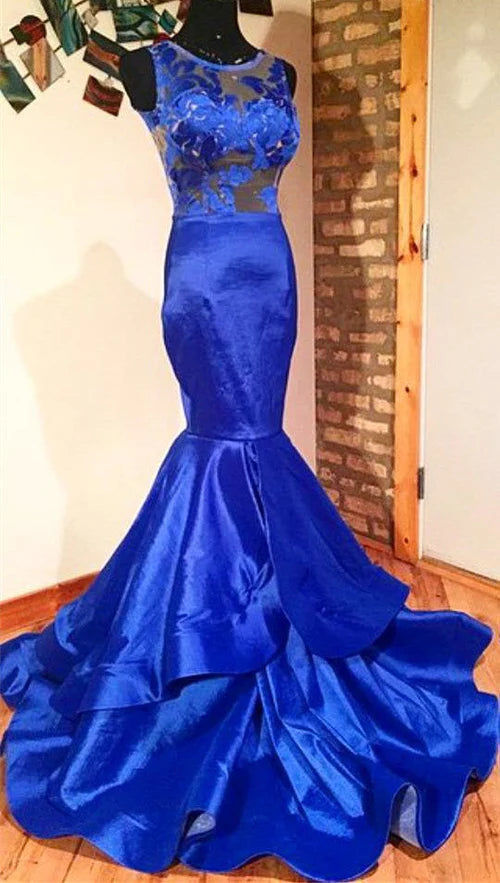 Sleeveless Mermaid Royal Blue Prom Dresses | Lace Appliques Sexy Illusion Evening Gowns,SSR1159