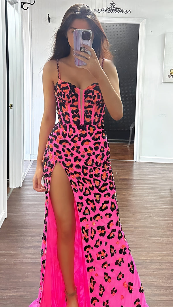 Spaghetti Straps Prom Dresses Sequin Leopard Long Party Dress, SSR3343