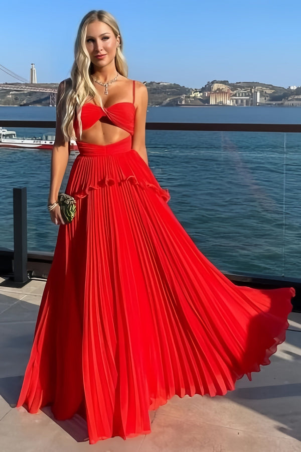 Spaghetti Straps Red Pleated Chiffon Senior Prom Dress, Party Gown, SSR3502