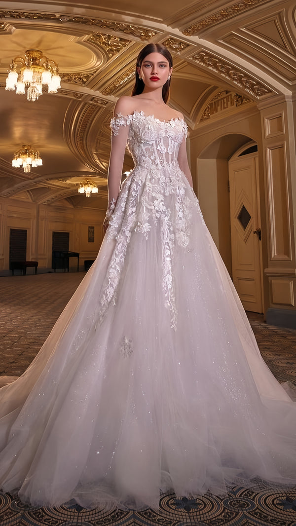 Sparkle White Floral Wedding Gown Appliques Bridal Dress,SSR1031