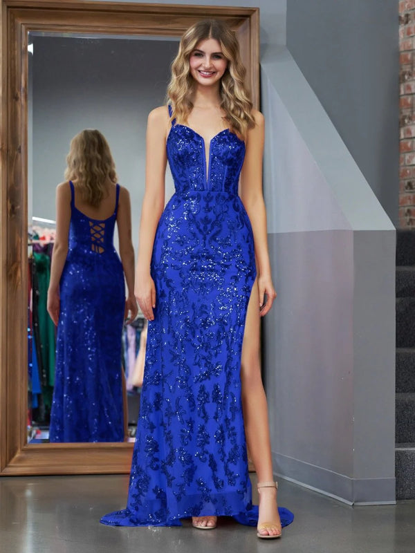 Sparkly Sheath Sequins Long Prom Dress with Slit