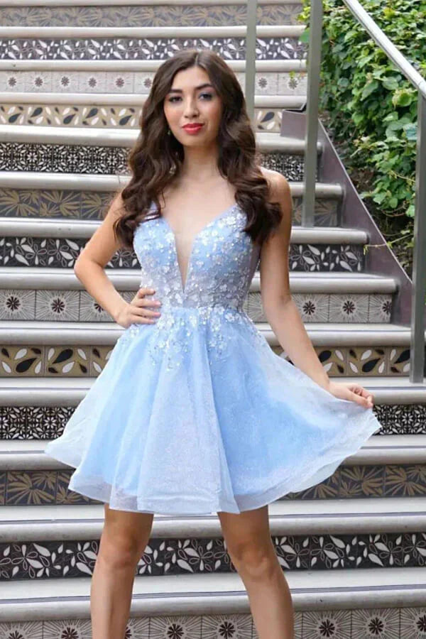 SSR1783,Light Blue A-Line Homecoming Dresses, V-Neck Floral Hoco Dress