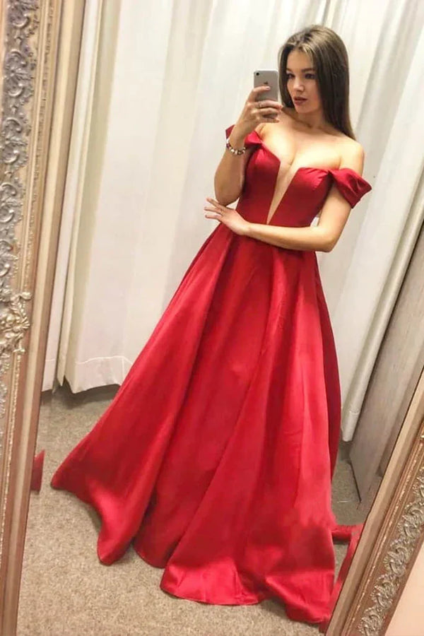 SSR1306,Off the shoulder red prom dresses a-line satin evening gown
