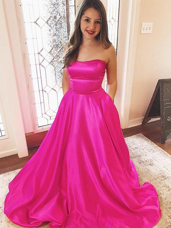 SSR1060,Strapless Fuchsia Satin Long Prom Dresses Evening Dresses With Pockets