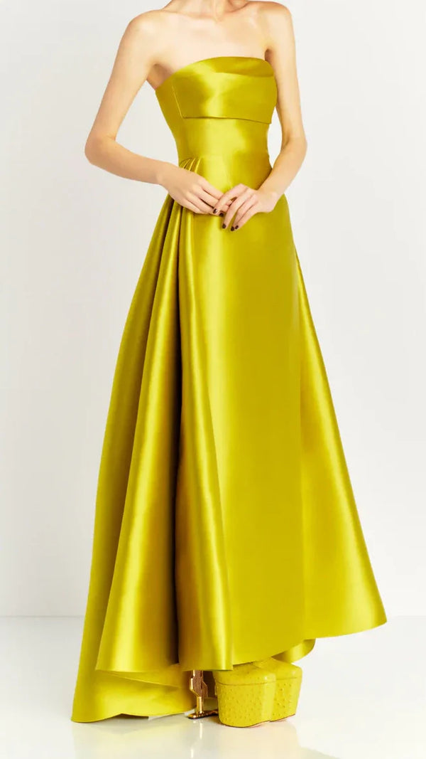 Strapless Lemon Yellow Satin Party Dress, Long Prom Dresses For Women, SSR3462