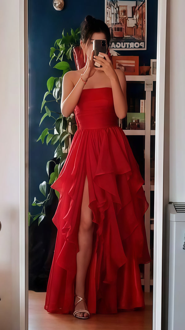 Strapless Red Long Prom Dress, Ruffle Split Party Dress,SSR1076