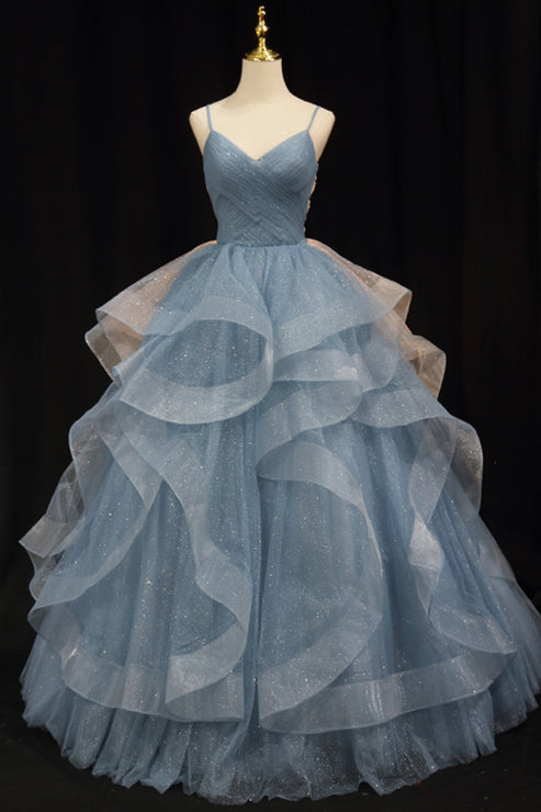 Straps Blue A-line Layers Long Formal Gown