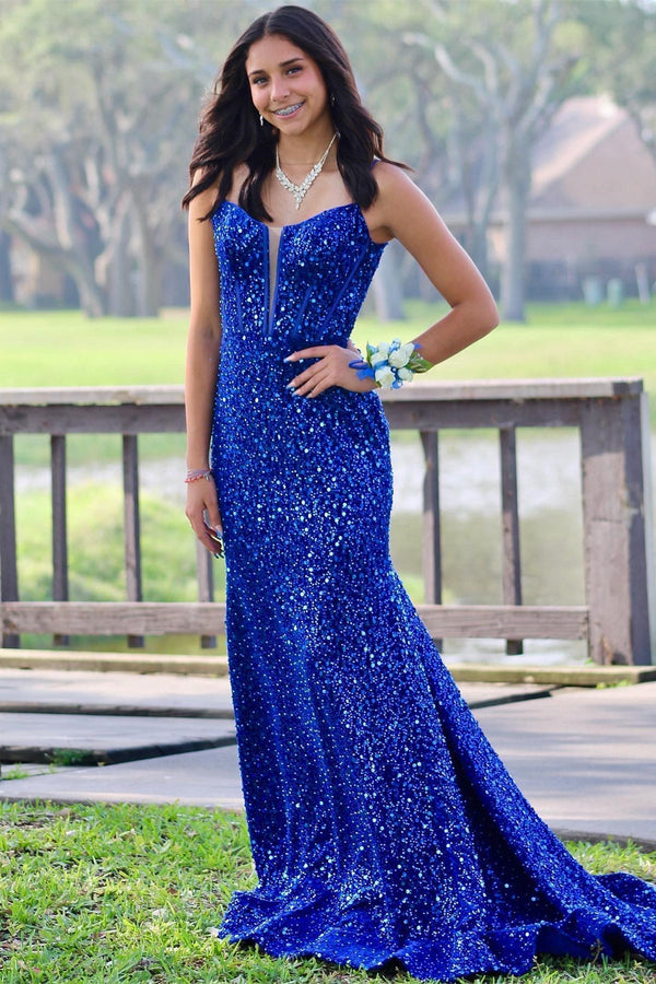 Straps Royal Blue Sequin Mermaid Long Formal Dress with Slit