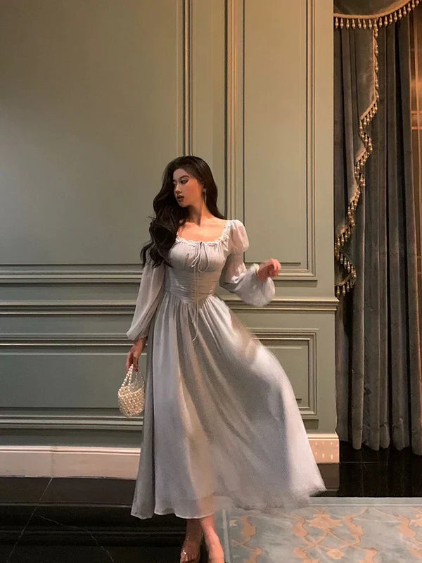 Stunning A line Square Neckline Long Sleeves Chiffon Blue Date Night Dress Prom Dresses Birthday Party Outfit, SSR3578