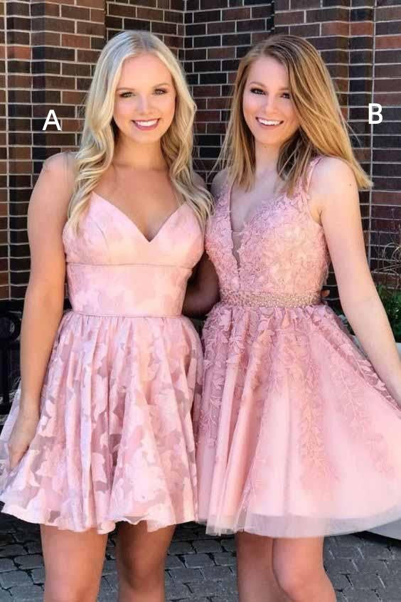 SSR1445,Sweet Pink A-Line Homecoming Dresses V-Neck Graduation Dress