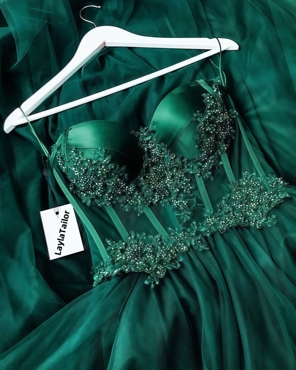 Sweetheart Dark Green Appliques Prom Dresses Sleeveless Tulle Long Dress,SSR3414