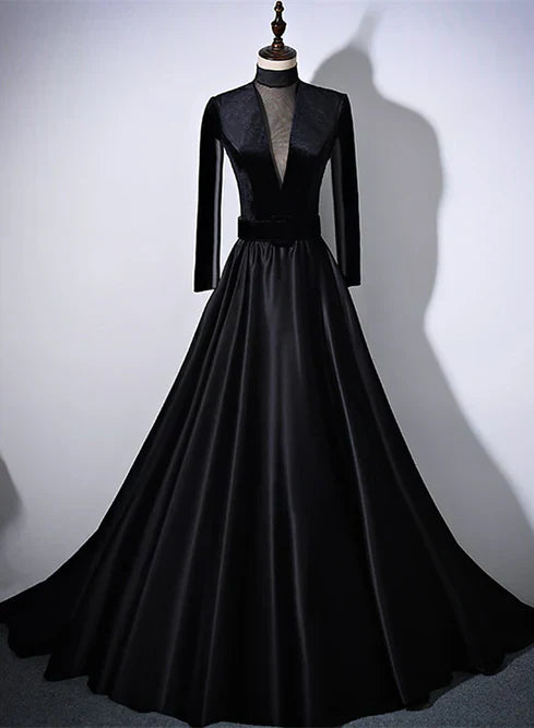 Black Velvet and Satin Long Sleeves See Through Back Formal Dress Evening Dress Elegant