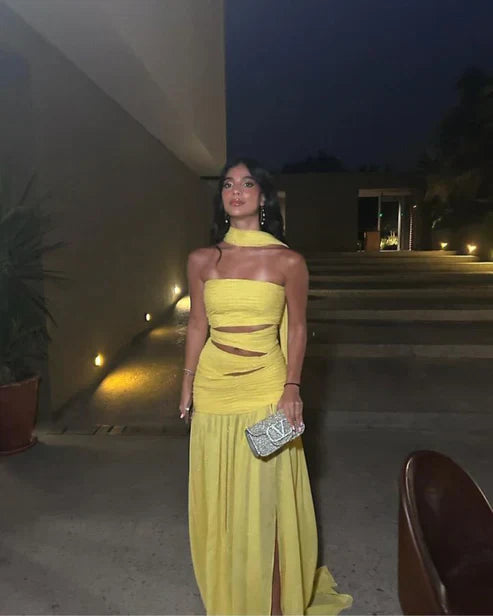 Strapless Yellow A Line Long Prom Dress Formal Party Gown Charming Evening Dress