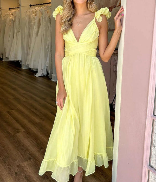 Yellow Lace-Up Plinging V-Neck A-Line Cute Prom Dress Charming Party Dress Formal Dress