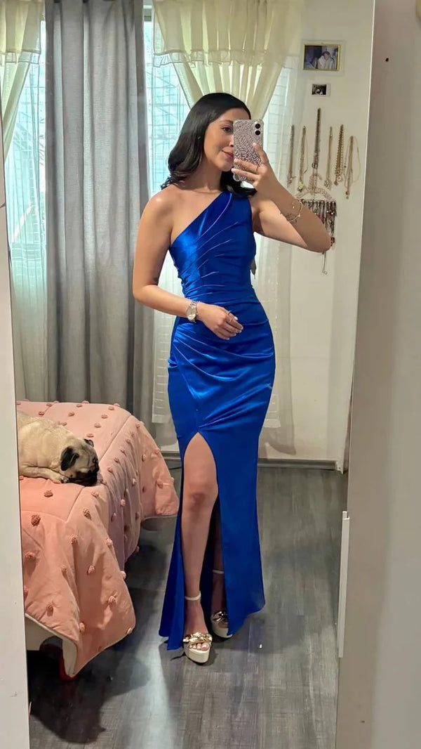 Timeless Mermaid One Shoulder Royal Blue Slit Satin Long Prom Dresses Inspiration Party Dress Prom Gowns