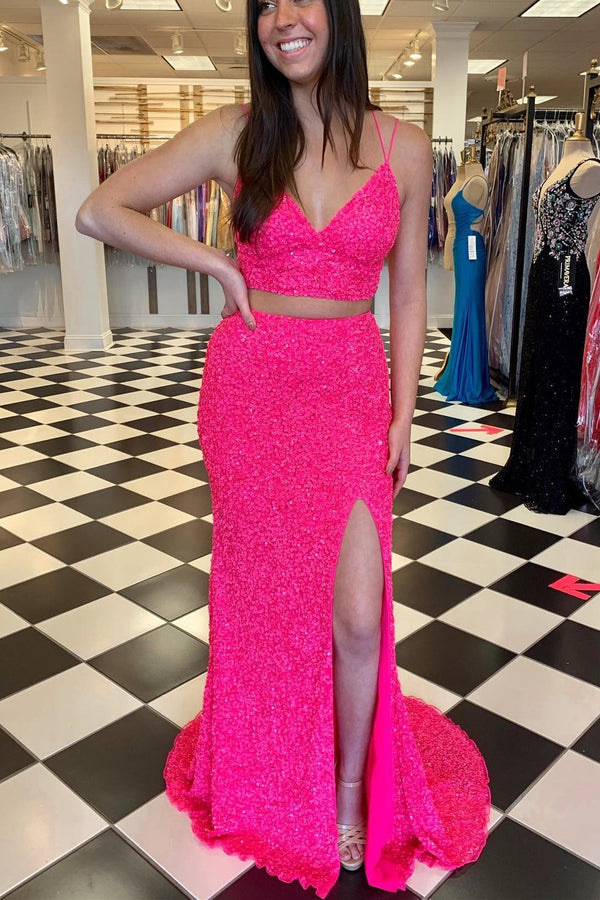 Two Piece Neon Pink Sequins Mermaid Prom Dress