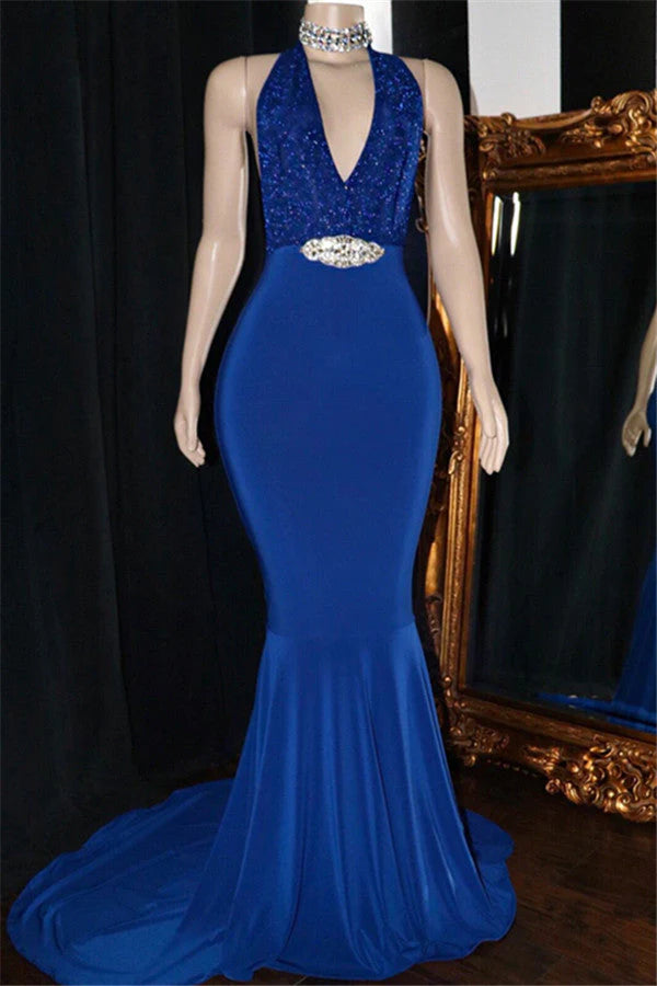 V-Neck Blue Sequins Prom Dresses | Elegant Crystal Backless Evening Dress，SSR1193