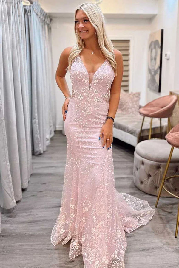 SSR1391,Light Pink Lace Mermaid Tight Prom Evening Dresses