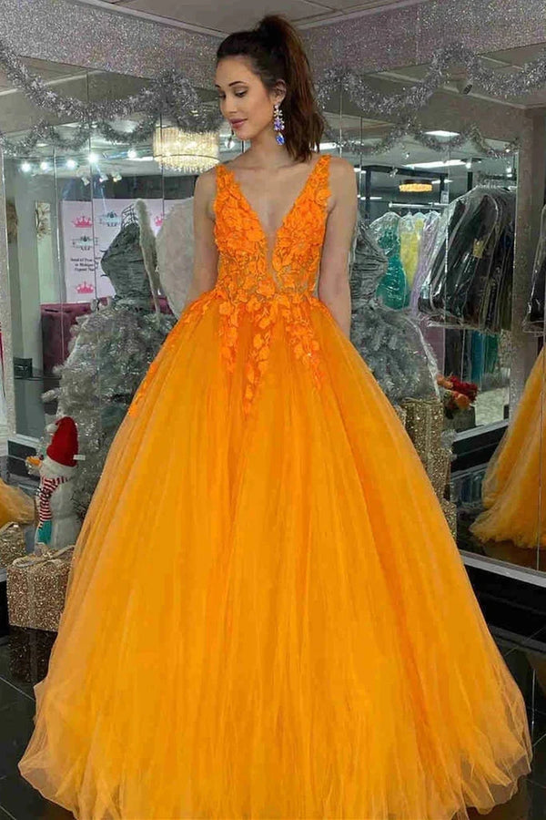 SSR1594,Gorgeous Orange Tulle Prom Dresses,V-Neck Floral Applique Long Evening Dresses