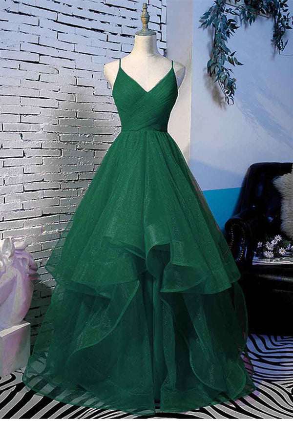 SSR0013,Green prom dress spaghetti straps evening dress v-neck tulle layers party gown