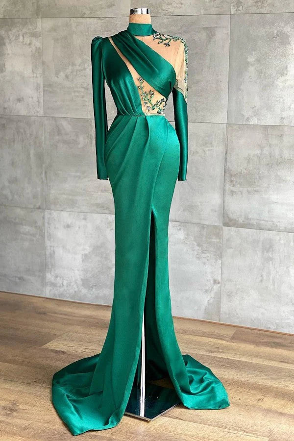 Vintage Long Sleeves Jade Appliques Ruffles Mermaid Evening Dresses,SSR1134